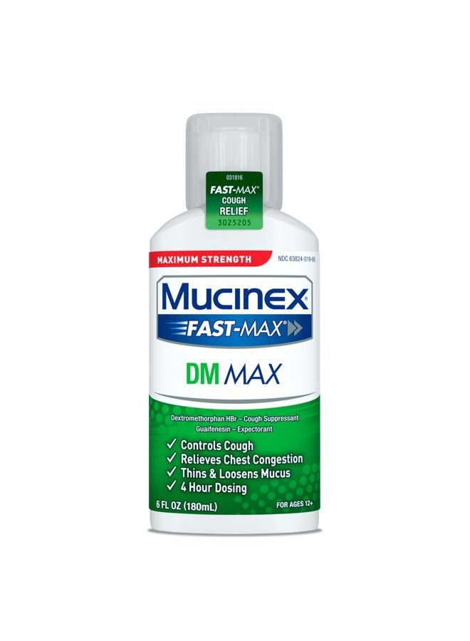 MUCINEX دواء السعال والبرد السائل DM Max للبالغين، دواء البرد والإنفلونزا لتخفيف المخاط الزائد، جوايفينيسين وديكستروميثورفان طارد للبلغم ومزيل للاحتقان للبالغين، موصى به من قبل الأطباء، 6.0 أونصة سائلة - Image 1