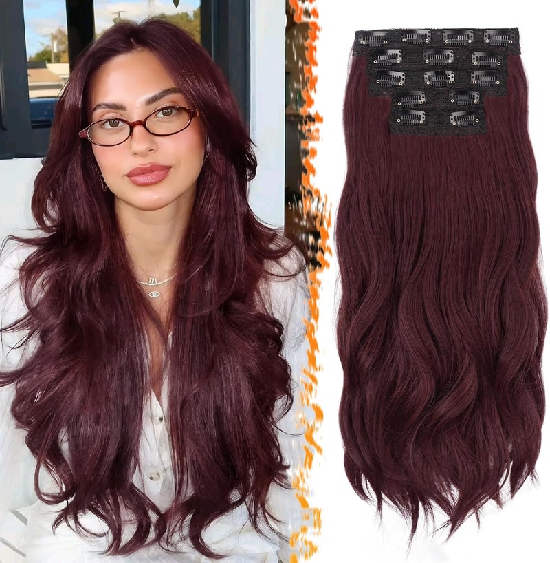 BARSDAR Dark Burgundy Clip in Hair Extensions - 20 Inch Loose Wavy Clip in Hair Extensions for Women, 5 PCS Layered Red Extension Lace Weft Voluminous Soft Synthetic Burgundy Hairpieces - Image 1
