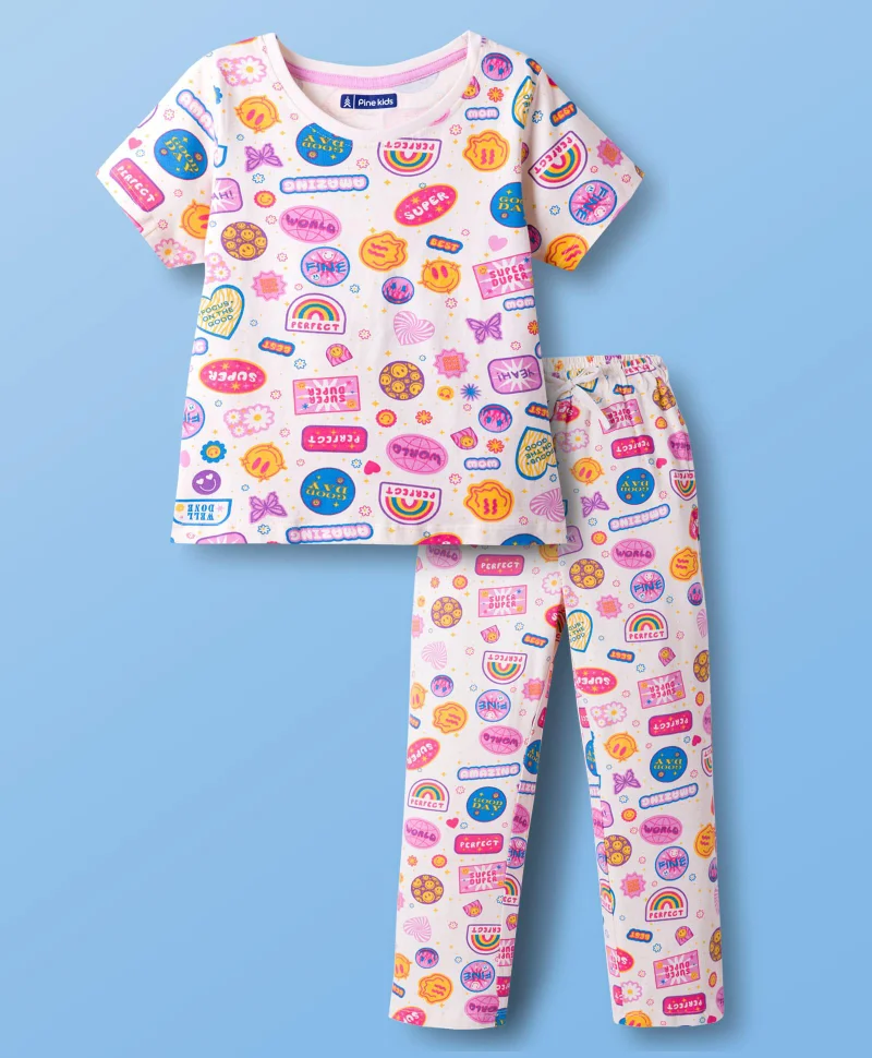 Pine Kids Pine Kids Single Jersey Knit Short Sleeves Co-ords Night Suit With Text Print - White