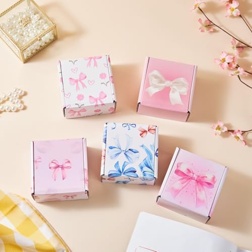 Soxuding Bow Pink Shipping Boxes Pack of 25, 4x4x2 inches Gift Boxes Small Cardboard Corrugated Mailer Shipping Boxes for Small Business(5 patterns) - Image 1
