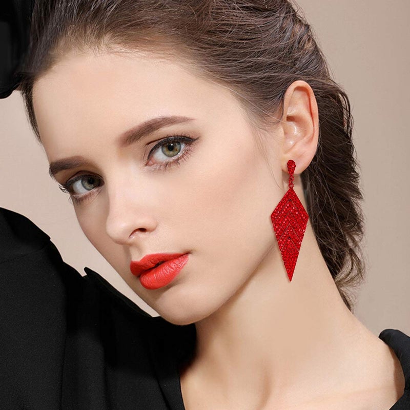 EVER FAITH Women's Crystal Elegant Banquet Multi-layered Rhombus Dangle Pierced Earrings Red Red-Tone - Image 2