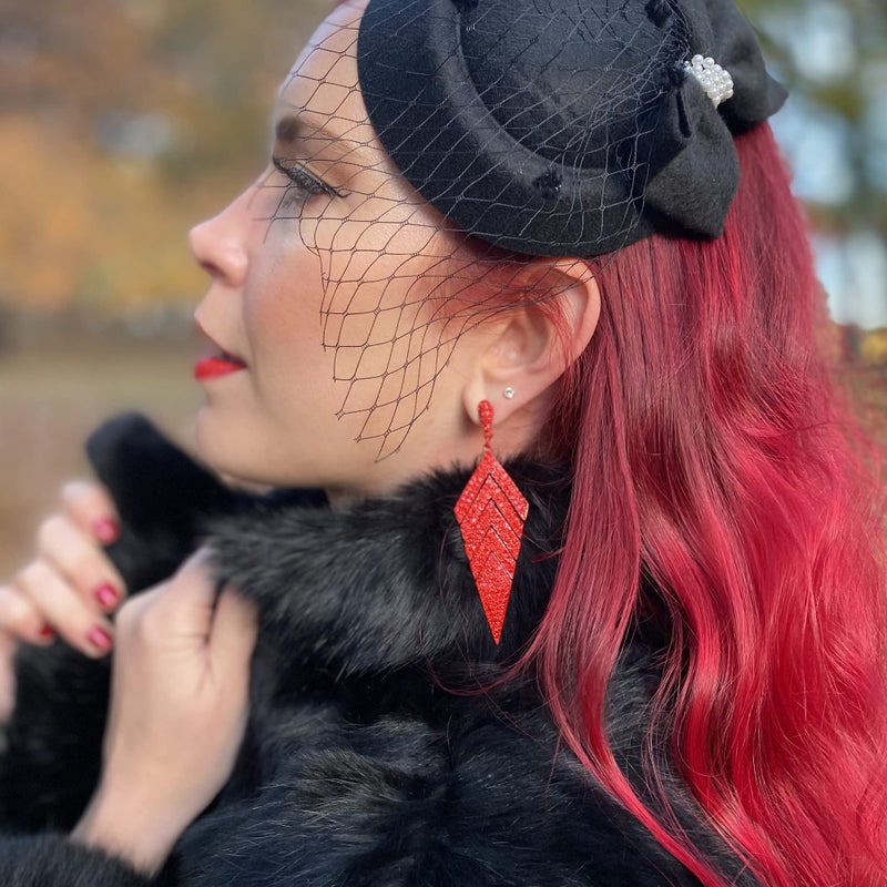 EVER FAITH Women's Crystal Elegant Banquet Multi-layered Rhombus Dangle Pierced Earrings Red Red-Tone - Image 3