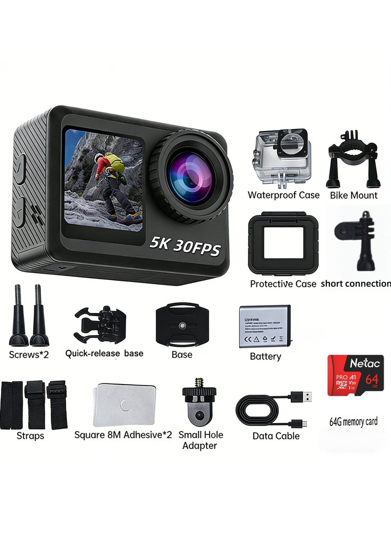 Lecran True 5K Ultra HD Action Camera, WIFI, Remote Control, 64GB Card, Dual Color Screens, Dual Batteies,  Anti-Shake for Cycling & Waterproof for Diving - Image 1