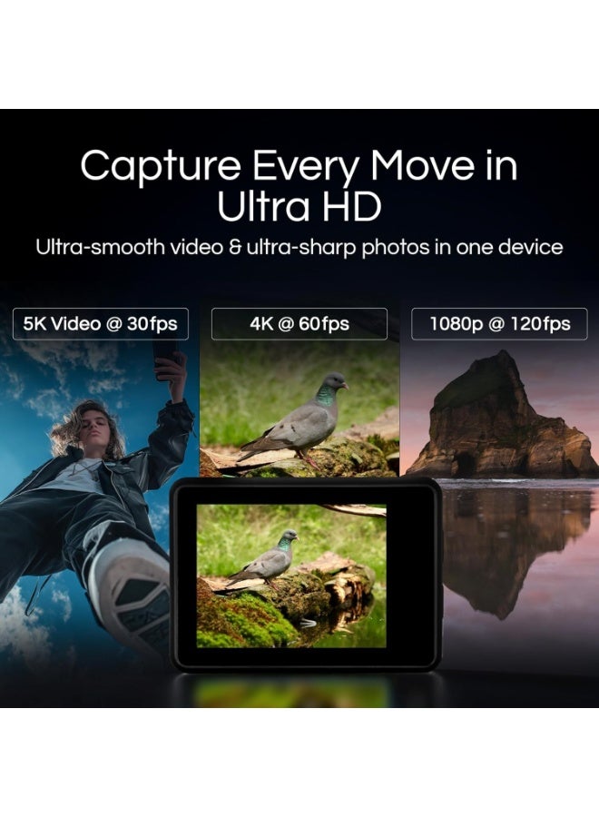 Lecran True 5K Ultra HD Action Camera, WIFI, Remote Control, 64GB Card, Dual Color Screens, Dual Batteies,  Anti-Shake for Cycling & Waterproof for Diving - Image 3