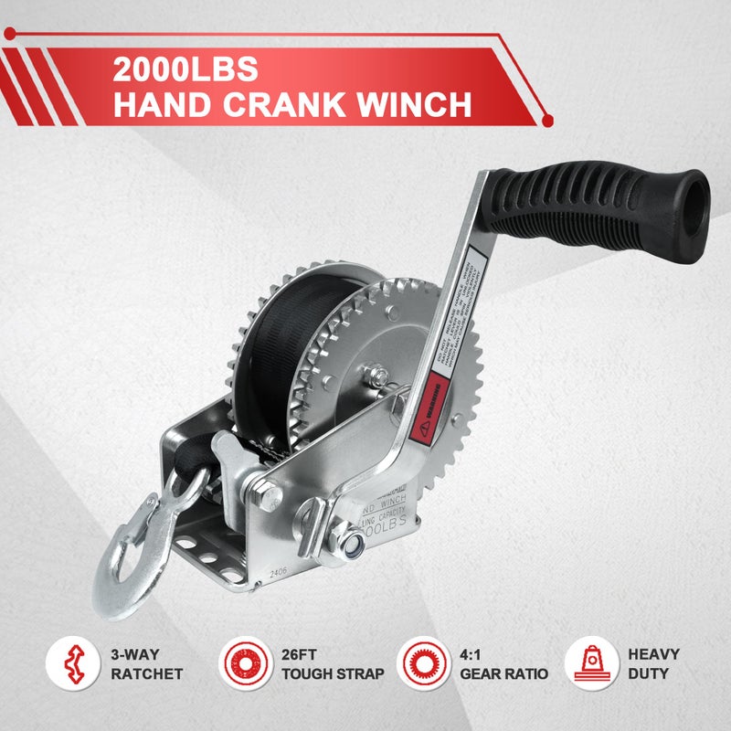 OPENROAD 2000lbs Heavy Duty Boat Trailer Winch with 26FT Strap,2-Way Ratchet,4:1 Gear Trailer Winch,Portable Hand Crank Winch for Boat,Truck, Trailer, RV, ATV, Jet Ski - Image 2