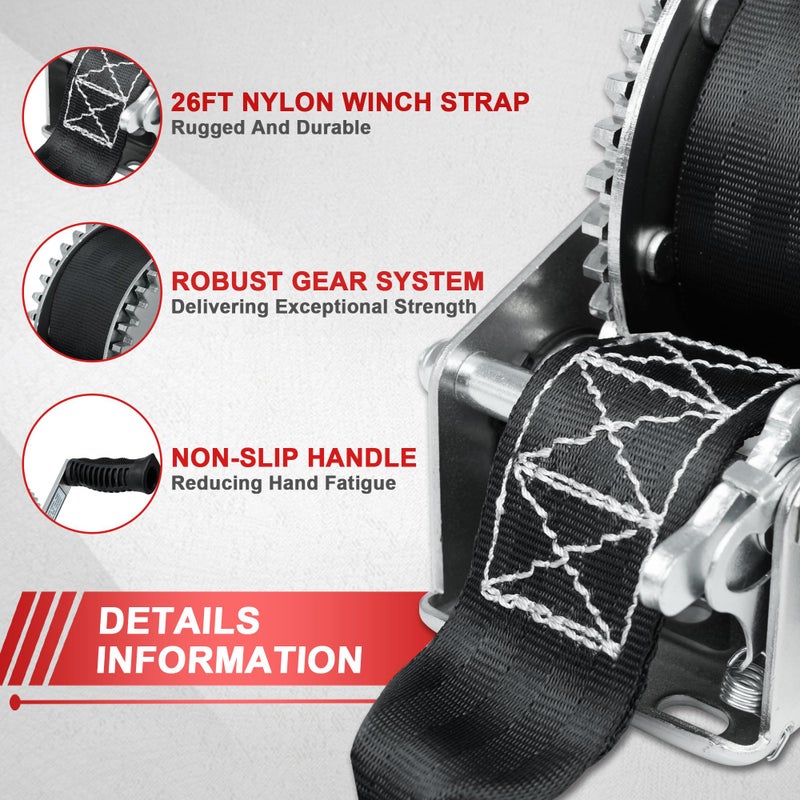 OPENROAD 2000lbs Heavy Duty Boat Trailer Winch with 26FT Strap,2-Way Ratchet,4:1 Gear Trailer Winch,Portable Hand Crank Winch for Boat,Truck, Trailer, RV, ATV, Jet Ski - Image 3