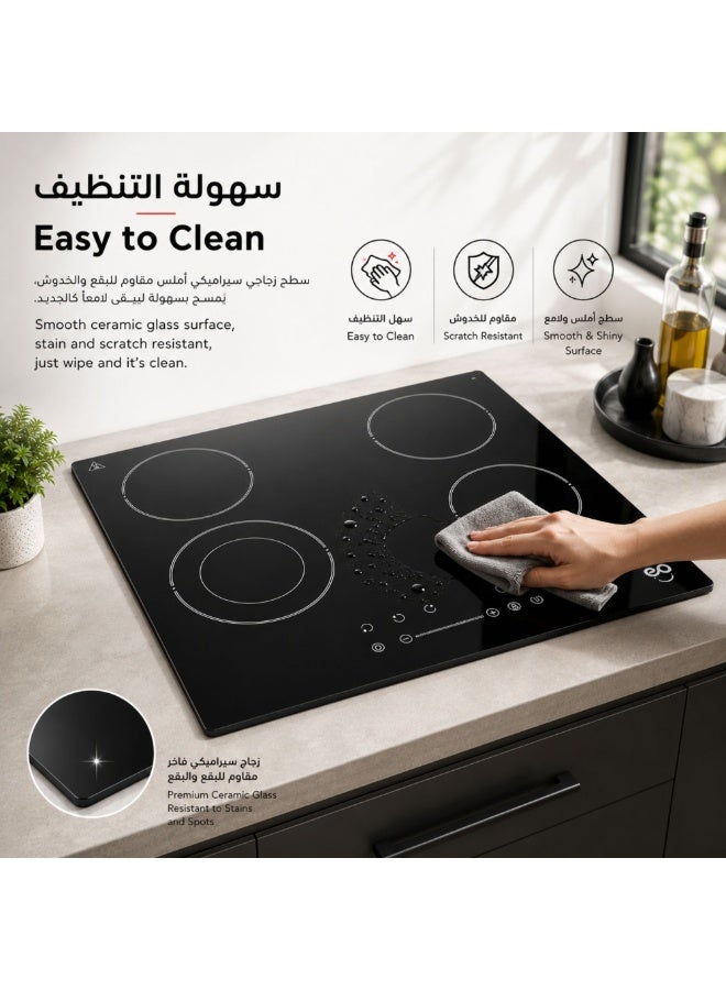eo essentials online EO 60cm Built-In Electric Ceramic Hob, 4 Hi-Light Cooking Zones, Dual Ring Zone, Touch Control, Child Lock, Digital Timer, Black Ceramic Glass, 5900W - Image 2