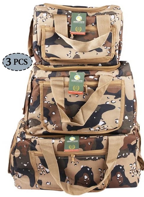 A set of bags and bags with a Tanzanian military print of 3 pieces, durable and comfortable for trips and camping