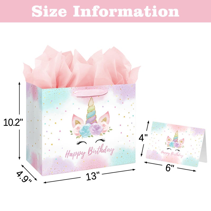 Laidans 13" Large Unicorn Birthday Gift Bag with Card and Tissue Paper for Baby Girls and Kids Birthday (13in Pink) - Image 2
