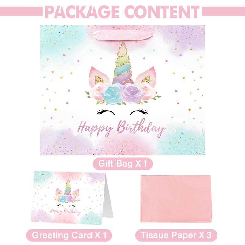 Laidans 13" Large Unicorn Birthday Gift Bag with Card and Tissue Paper for Baby Girls and Kids Birthday (13in Pink) - Image 3