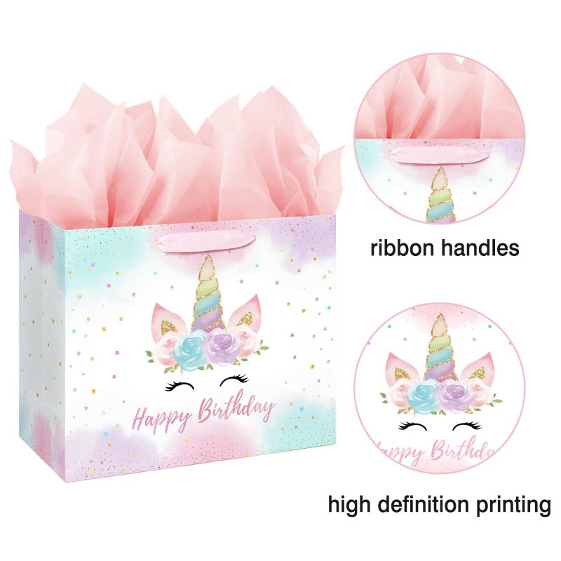 Laidans 13" Large Unicorn Birthday Gift Bag with Card and Tissue Paper for Baby Girls and Kids Birthday (13in Pink) - Image 4