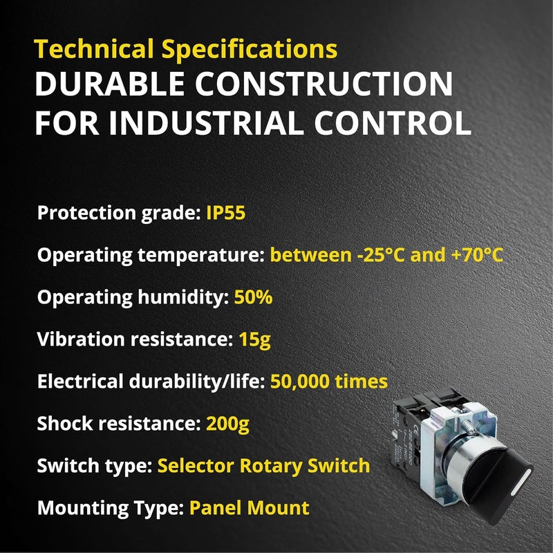 SHOPCORP Rotary Switch - 2-Position Selector Switch Maintained - 22mm Mounting Hole - Electric NO NC Latching - 220VAC Voltage and 10A Contact Current - (2 Pack) - Image 5