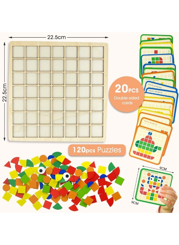 Wooden Pattern Blocks Puzzle for Kids - 120 PCS Shapes Blocks, 20 Double-Sided Activity Cards and Grid Board, Kindergarten Educational Geometric Shape Puzzle Toys Learning Gift for Kids Ages 3-8 - Image 2