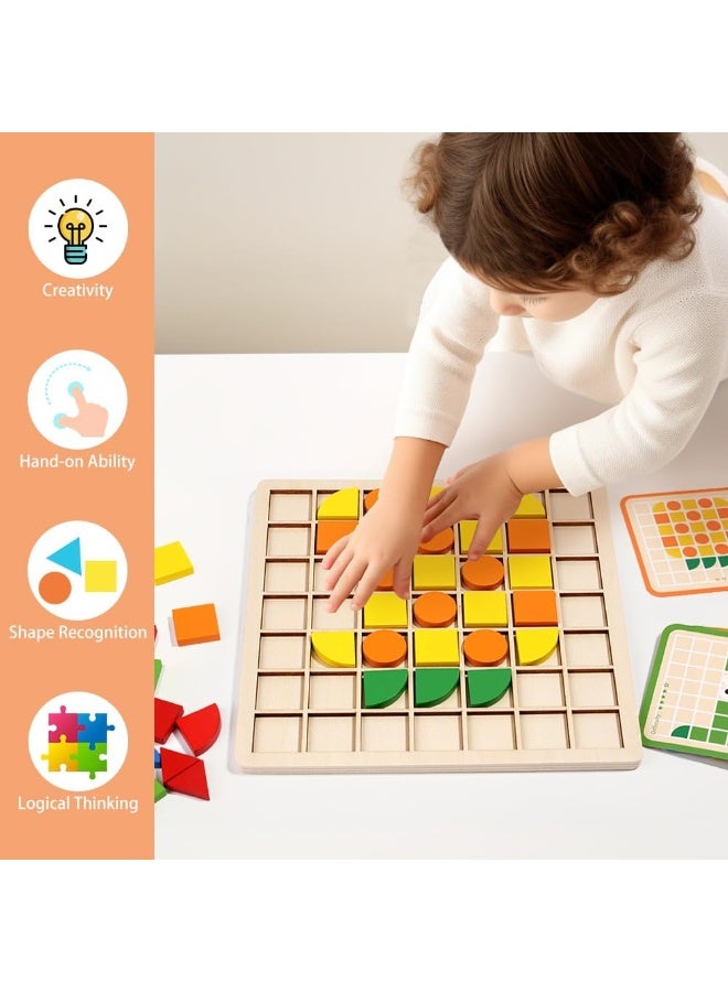 Wooden Pattern Blocks Puzzle for Kids - 120 PCS Shapes Blocks, 20 Double-Sided Activity Cards and Grid Board, Kindergarten Educational Geometric Shape Puzzle Toys Learning Gift for Kids Ages 3-8 - Image 3