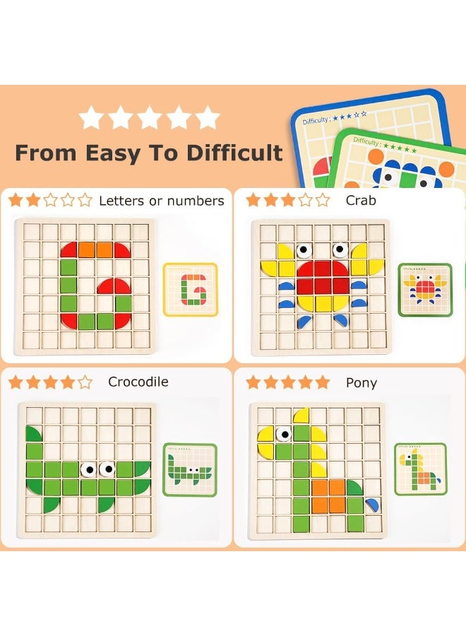 Wooden Pattern Blocks Puzzle for Kids - 120 PCS Shapes Blocks, 20 Double-Sided Activity Cards and Grid Board, Kindergarten Educational Geometric Shape Puzzle Toys Learning Gift for Kids Ages 3-8 - Image 4