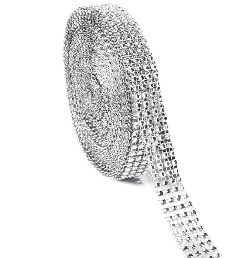 شريط لاسووم 4 صفوف 10 ياردة من الأكريليك مع أحجار الراين الماسية لزينة الكعك في حفلات الزفاف وزينة أعياد الميلاد وحفلات استقبال المواليد ومشاريع الفنون والحرف باللون الفضي