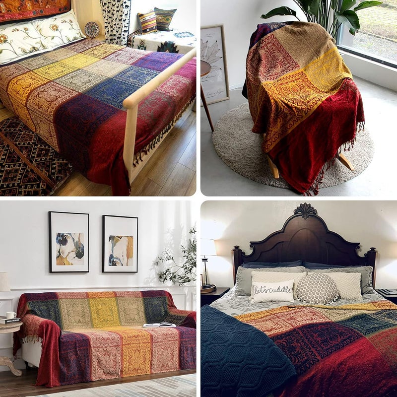 Edcooy Throws for Sofas, Bohemian Chenille Jacquard Tassels Throw Blankets for Bed Settees Chair Slipcover Cover 2 3 Seater，(Red, 150x200cm)… - Image 3