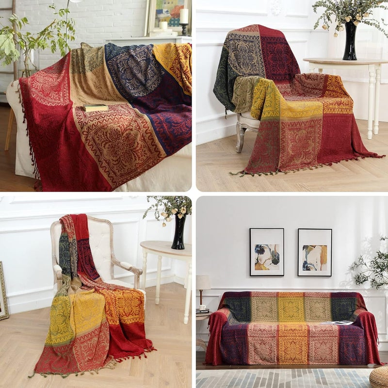 Edcooy Throws for Sofas, Bohemian Chenille Jacquard Tassels Throw Blankets for Bed Settees Chair Slipcover Cover 2 3 Seater，(Red, 150x200cm)… - Image 4