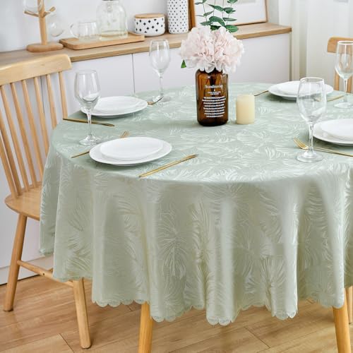EFFICINATURE Round Tablecloth 60 Inch Table Cloth Green Leaves Pattern Scalloped Edge Silky Soft Fabric Waterproof Wrinkle Free Washable Table Cover for Kitchen Dining Party Banquet Patio Decor - Image 4