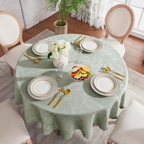 EFFICINATURE Round Tablecloth 60 Inch Table Cloth Green Leaves Pattern Scalloped Edge Silky Soft Fabric Waterproof Wrinkle Free Washable Table Cover for Kitchen Dining Party Banquet Patio Decor - Image 2