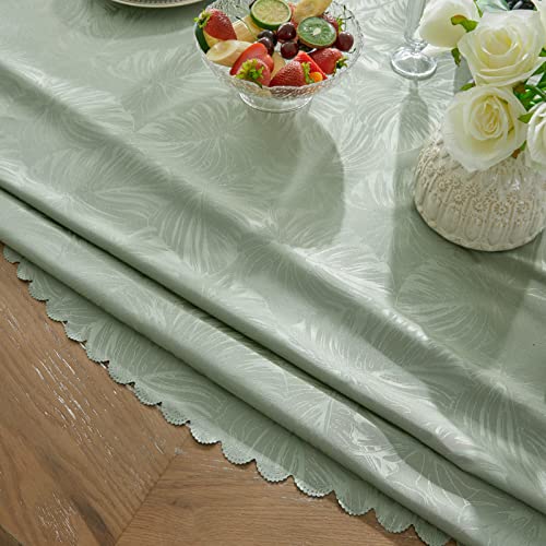 EFFICINATURE Round Tablecloth 60 Inch Table Cloth Green Leaves Pattern Scalloped Edge Silky Soft Fabric Waterproof Wrinkle Free Washable Table Cover for Kitchen Dining Party Banquet Patio Decor - Image 3