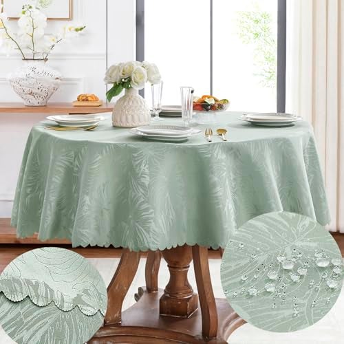 EFFICINATURE Round Tablecloth 60 Inch Table Cloth Green Leaves Pattern Scalloped Edge Silky Soft Fabric Waterproof Wrinkle Free Washable Table Cover for Kitchen Dining Party Banquet Patio Decor - Image 5
