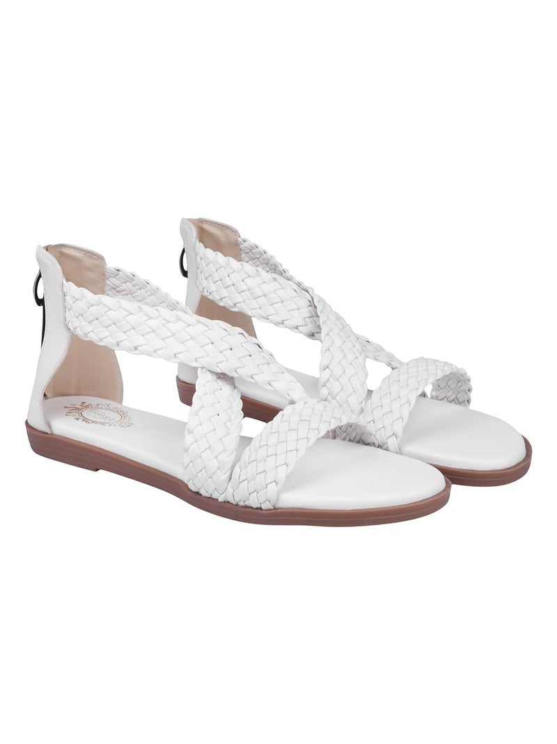 Shoetopia Women's White Braided Gladiator Flat Sandals – Comfortable Casual Summer Stylish Sandals with Back Zip Closure EU39 - Image 1