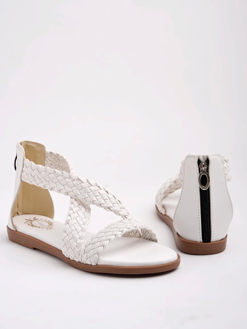 Shoetopia Women's White Braided Gladiator Flat Sandals – Comfortable Casual Summer Stylish Sandals with Back Zip Closure EU39 - Image 5