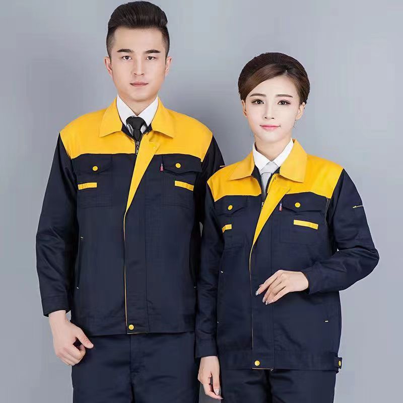 Spring and Autumn single top overalls mens wear-resistant welding auto repair labor protective clothing factory workshop engineering long sleeve color matching shoulder Yellow and dark blue top 