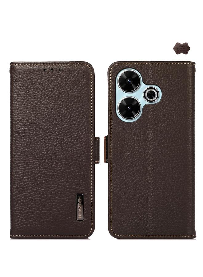 اس-توب جراب هاتف Redmi 13 4G KHAZNEH من الجلد الطبيعي الليتشي المغناطيسي الجانبي بتقنية RFID - Image 1