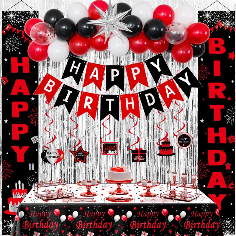 Distasio Red and Black Birthday Decorations for Men Women Boys Girls, Happy Birthday Decorations Black and Red White, Happy Birthday Banner Balloons Tablecover Fringe Curtain Door Banner, Birthday Party Decor - Image 1