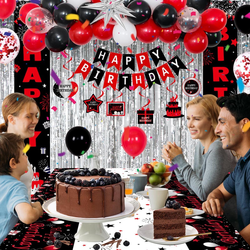 Distasio Red and Black Birthday Decorations for Men Women Boys Girls, Happy Birthday Decorations Black and Red White, Happy Birthday Banner Balloons Tablecover Fringe Curtain Door Banner, Birthday Party Decor - Image 3