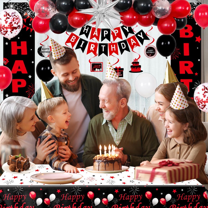 Distasio Red and Black Birthday Decorations for Men Women Boys Girls, Happy Birthday Decorations Black and Red White, Happy Birthday Banner Balloons Tablecover Fringe Curtain Door Banner, Birthday Party Decor - Image 4
