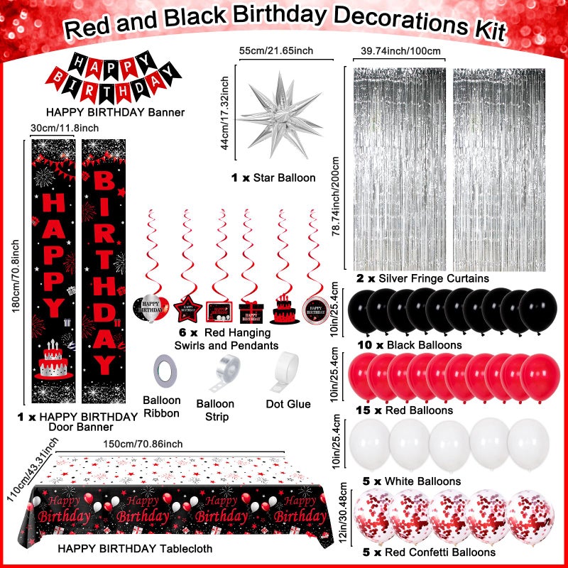 Distasio Red and Black Birthday Decorations for Men Women Boys Girls, Happy Birthday Decorations Black and Red White, Happy Birthday Banner Balloons Tablecover Fringe Curtain Door Banner, Birthday Party Decor - Image 2