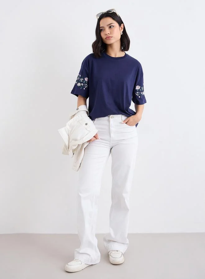Styli Styli Embroidered Detail Round Neck Oversized T-Shirt