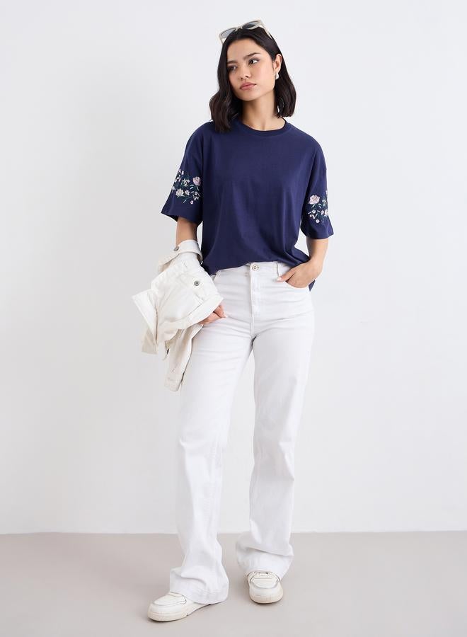 Styli Embroidered Detail Round Neck Oversized T-Shirt - Image 1