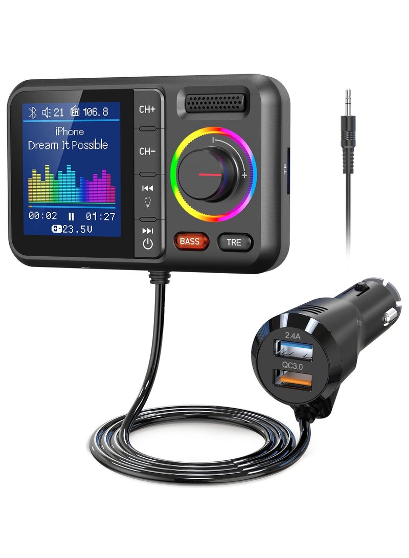 Bluetooth FM Transmitter for Car, Wireless Car Bluetooth V5.0 Adapter with Big Color Screen, Support QC3.0 Fast Charging, Hands-Free Call, MP3 Music Player BASS&TRE Booster, TF Card AUX-KM28 - Image 1