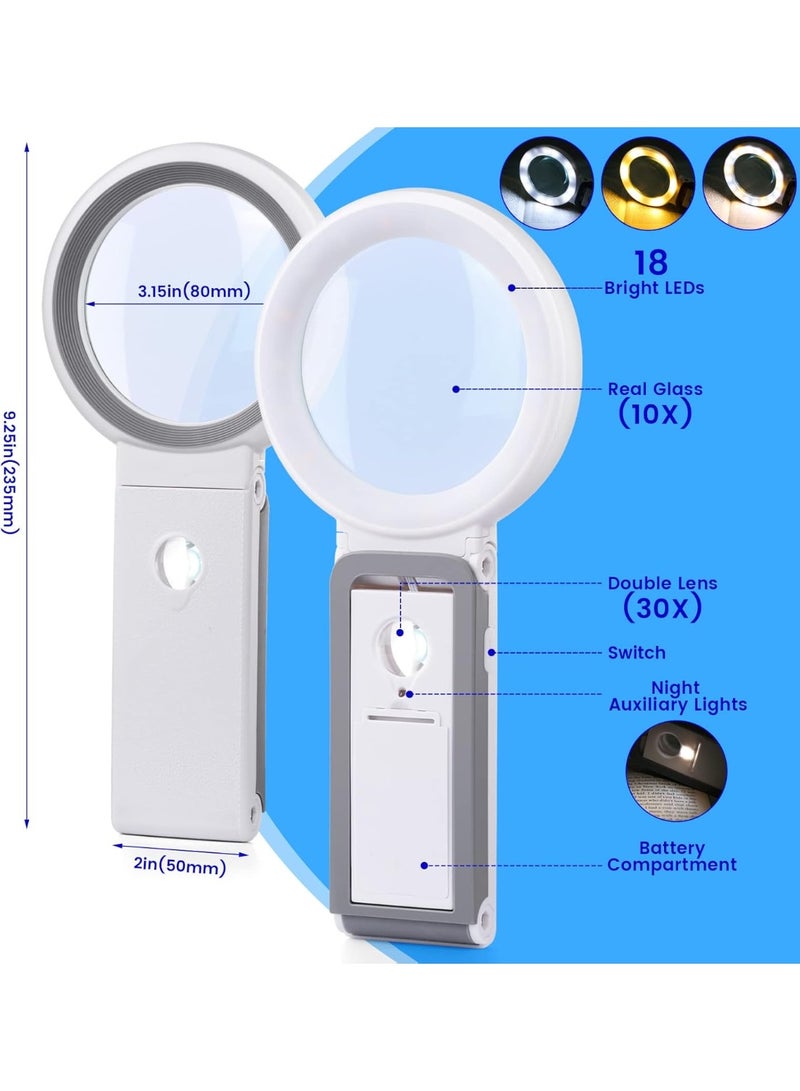 عام عدسة مكبرة 30X 10X مع ضوء وحامل، عدسة مكبرة محمولة قابلة للطي 18 عدسة مكبرة مضاءة LED للضمور البقعي، قراءة كبار السن، العمل عن قرب، العملات المعدنية، المجوهرات - Image 4