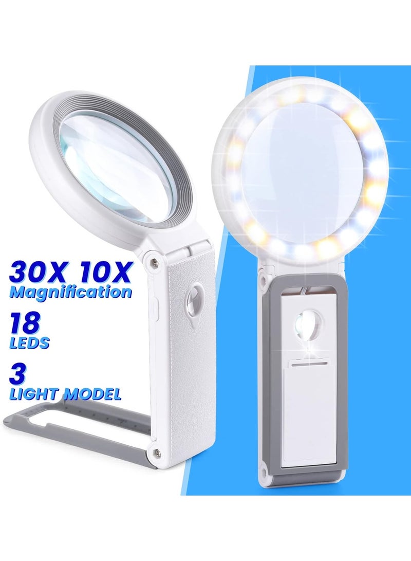 عام عدسة مكبرة 30X 10X مع ضوء وحامل، عدسة مكبرة محمولة قابلة للطي 18 عدسة مكبرة مضاءة LED للضمور البقعي، قراءة كبار السن، العمل عن قرب، العملات المعدنية، المجوهرات - Image 5