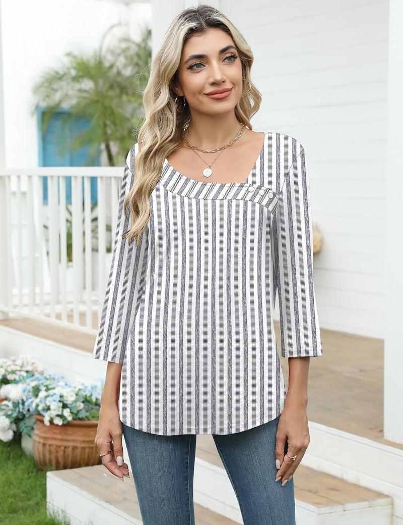 Lomon Blouses for Women Dressy Casual Summer Spring Plus Size 3/4 Length Sleeve Womens Tops Square Neck Tshirts 2026 XXL - Image 2