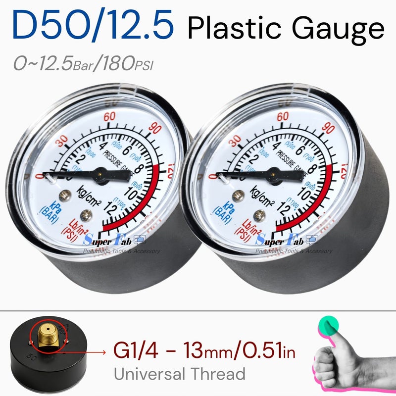 D50 Air Pressure Plastic Gauge Kit Set of 2 G1 4 Thread for Air Compressors 12 5Bar 180Psi Dual Scale - Image 1