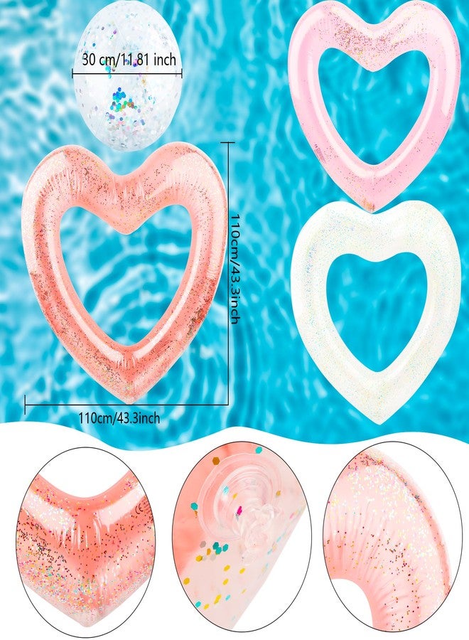 Feradny 3 Pack Heart Pool Floats Inflatable Blow up Heart Shaped Swim Rings 43.3 x 43.3 Inch and 3 Pack 16 Inch Inflatable Glitter Beach Ball for Water Fun Beach Bachelorette Party for Adults (Color Set 1) - Image 2