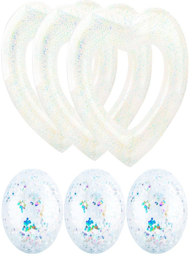 Feradny 3 Pack Heart Pool Floats Inflatable Blow up Heart Shaped Swim Rings 43.3 x 43.3 Inch and 3 Pack 16 Inch Inflatable Glitter Beach Ball for Water Fun Beach Bachelorette Party for Adults (Color Set 1) - Image 1