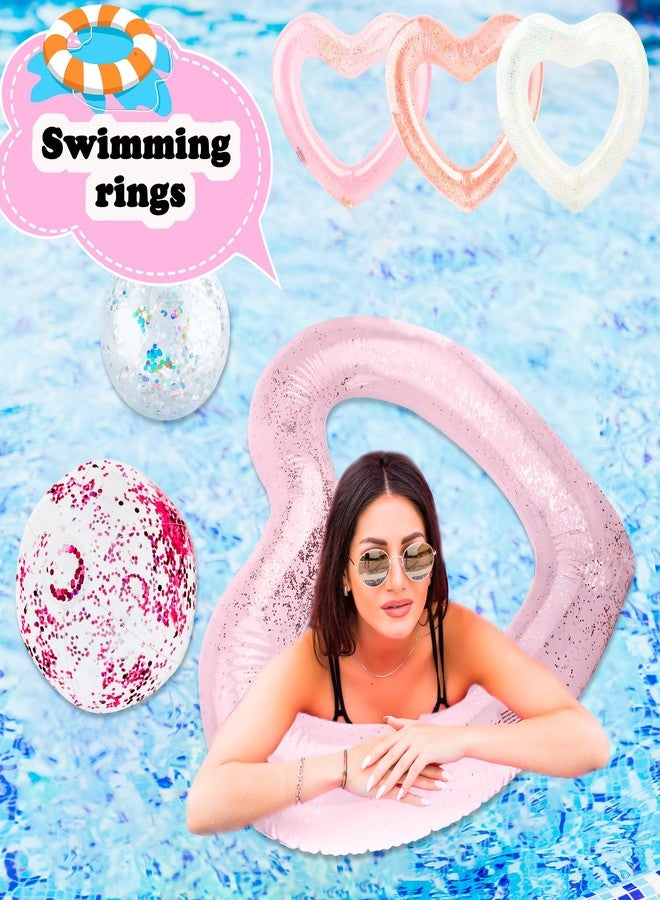 Feradny 3 Pack Heart Pool Floats Inflatable Blow up Heart Shaped Swim Rings 43.3 x 43.3 Inch and 3 Pack 16 Inch Inflatable Glitter Beach Ball for Water Fun Beach Bachelorette Party for Adults (Color Set 1) - Image 5