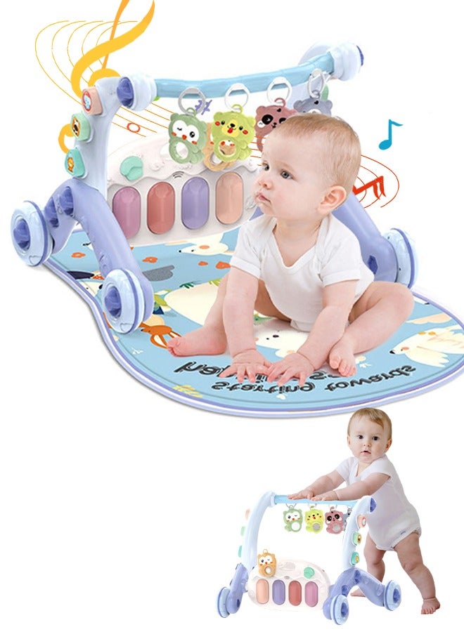 6-in-1 Baby Walker, Multifunctional Baby Play Mat, Baby Gym Mat with Kick-Activated Piano and Hanging Toys for Cognitive and Motor Skills Development, Blue - Image 1