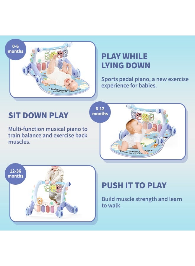 6-in-1 Baby Walker, Multifunctional Baby Play Mat, Baby Gym Mat with Kick-Activated Piano and Hanging Toys for Cognitive and Motor Skills Development, Blue - Image 4