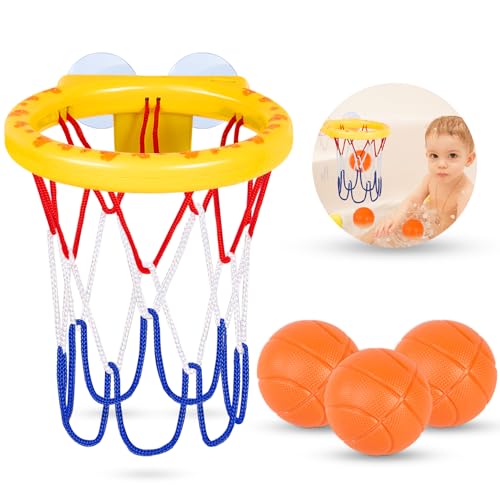 Auvitaya Bath Toys Bathtub Basketball Hoop for Kids Toddlers Bath Shower Toys for Kids Strong Suction Cup Basketball Hoop 3 Soft NoHole Balls Set for Toddlers Boys and Girls - Image 1