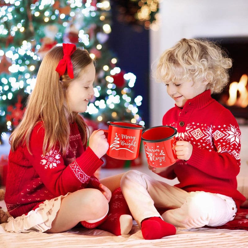 Potchen 2 Pack Christmas Enamel Mugs Xmas Red Enamel Mug Gifts Merry and Bright Santa Enamel Tea Cups Seasonal Holiday 12 Ounce Christmas Mug for Women Coworkers Vintage Camping Vivid Style - Image 3