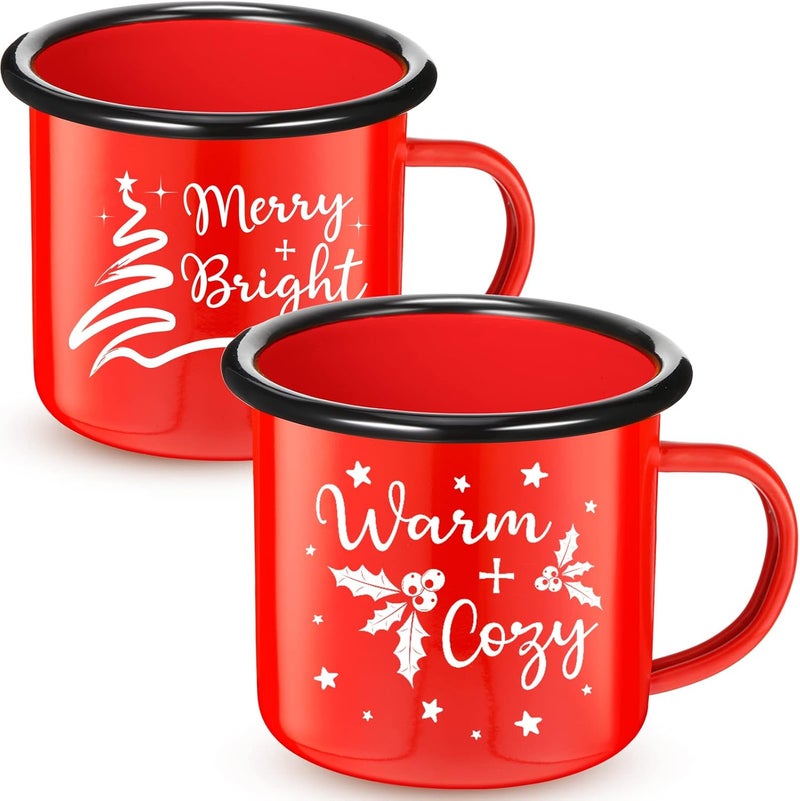 Potchen 2 Pack Christmas Enamel Mugs Xmas Red Enamel Mug Gifts Merry and Bright Santa Enamel Tea Cups Seasonal Holiday 12 Ounce Christmas Mug for Women Coworkers Vintage Camping Vivid Style - Image 1