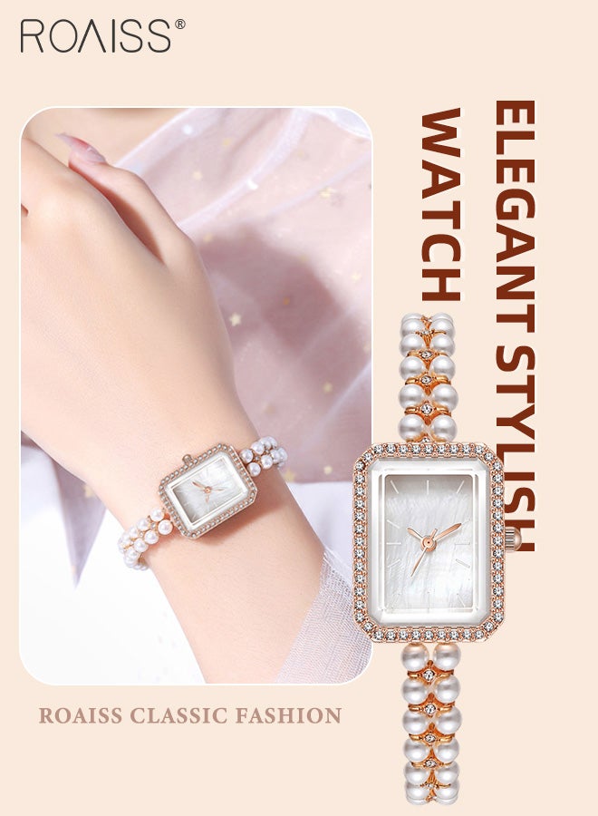 roaiss Women's Pearl Bracelet Strap Quartz Watch Analog Display Rectangle Dial Decorated with Rhinestones Waterproof Stylish Wristwatch as Gift for Ladies - Image 1